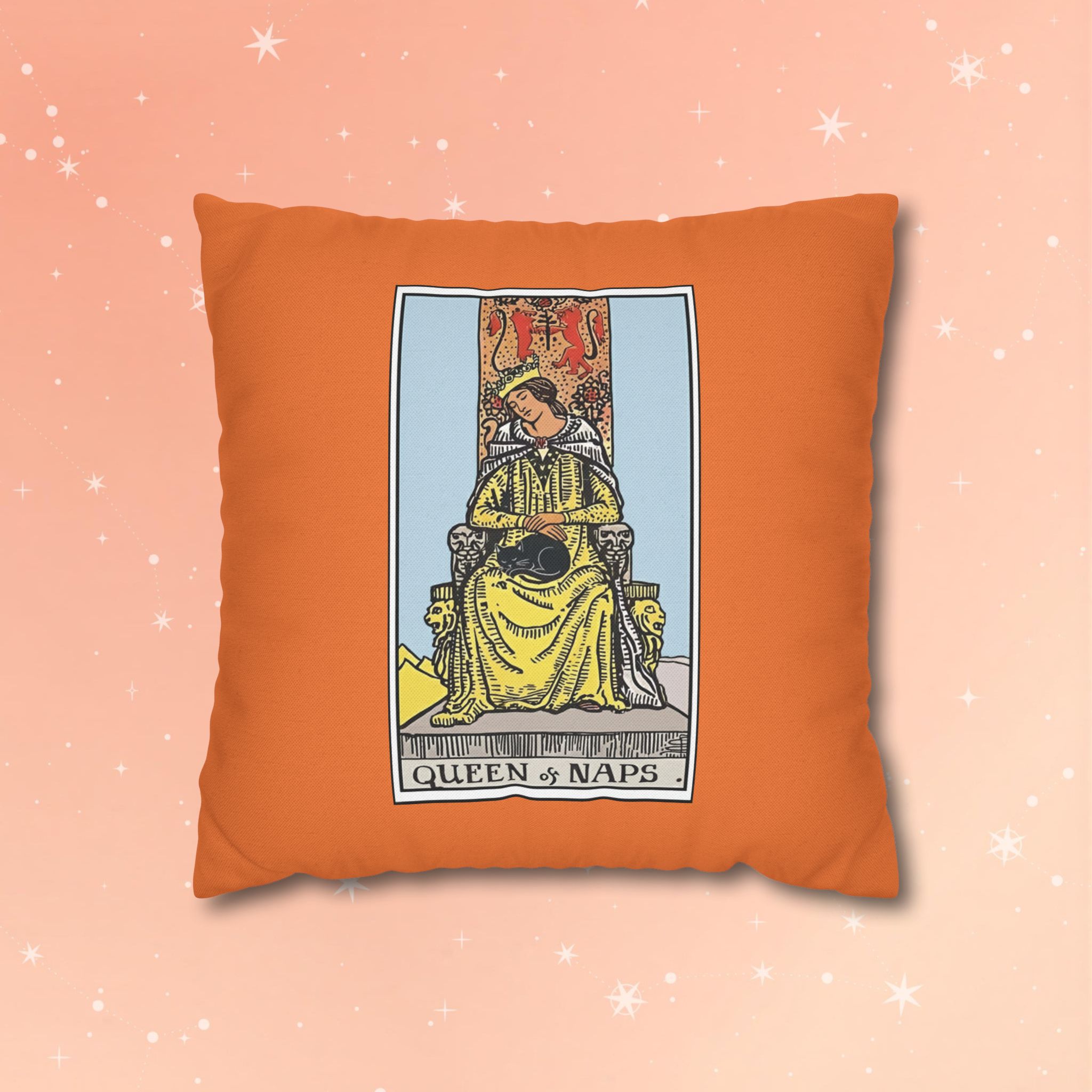 Queen of Naps Pillowcase — Whimsical Orange Decorative Throw Pillow | Funny customized Tarot card pillowcase