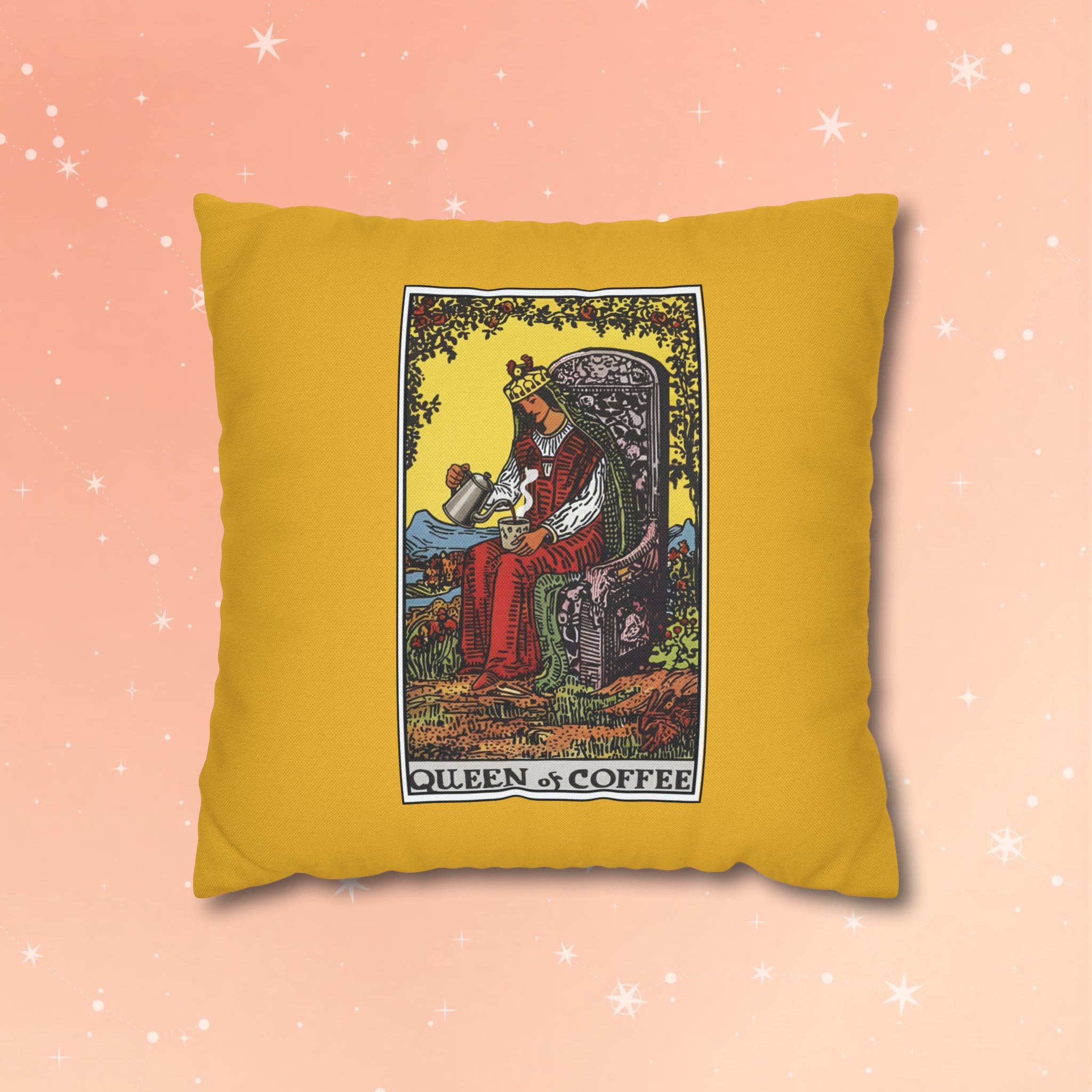 Queen of Coffee Pillowcase — Tarot-Inspired Yellow Decorative Throw Pillow Cover | Funny customized Tarot card pillowcase