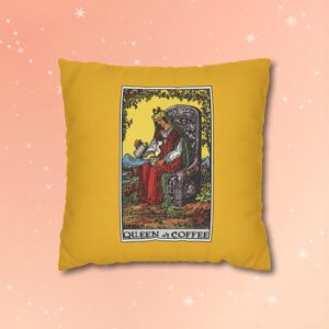 Queen of Coffee Pillowcase — Tarot-Inspired Yellow Decorative Throw Pillow Cover | Funny customized Tarot card pillowcase