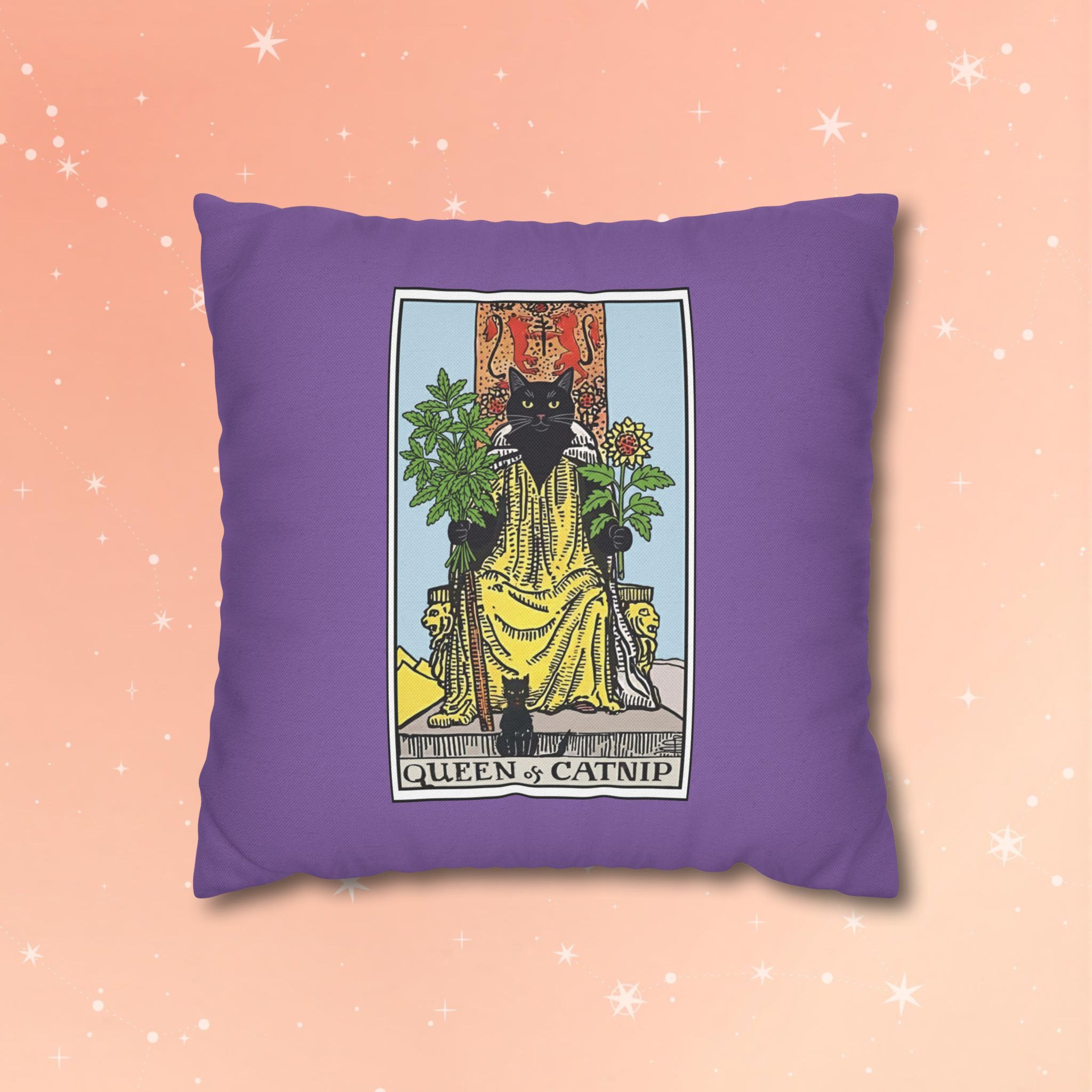 Queen of Catnip Tarot Pillowcase — “Temporary peace achieved. Rest while it lasts.” |Tarot-Style Black Cat Decorative Throw Pillowcase