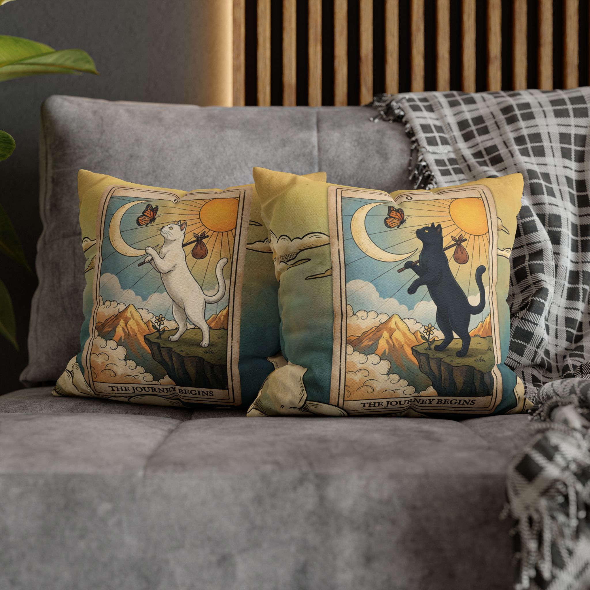 Tarot Cat Throw Pillowcase — “The Journey Begins” The Fool Tarot Decorative Cushion Cover